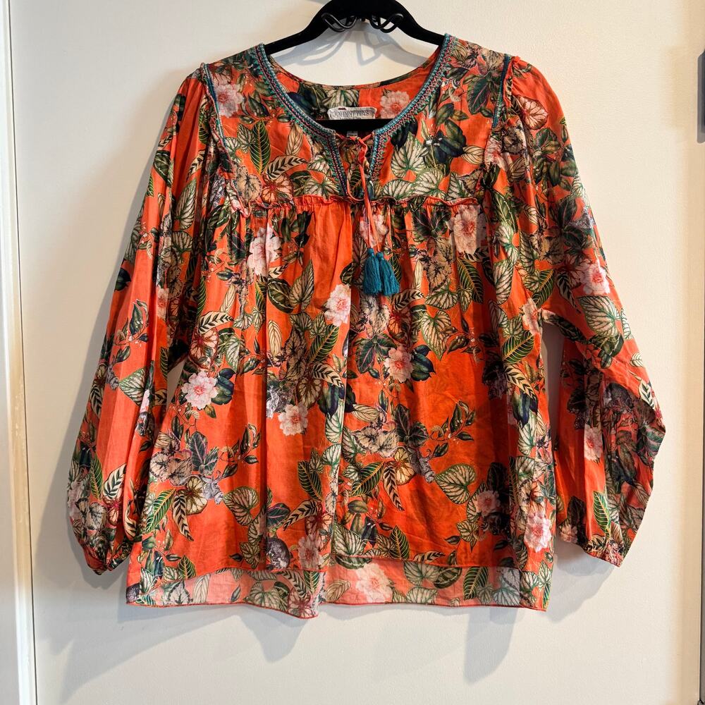 Johnny Was Workshop Top Orange Keyhole Neck Tasseled Floral Long Sleeve Sz S